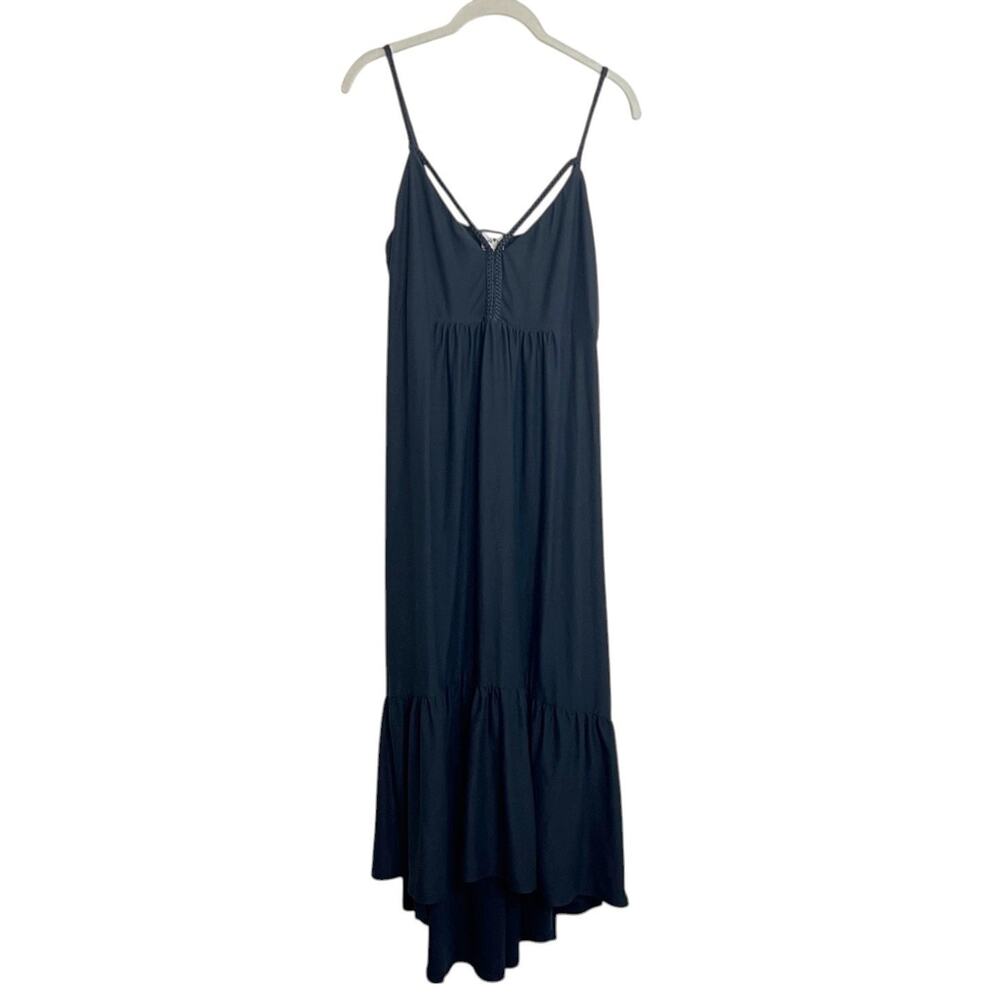 Derek Heart Womens Black Babydoll Maxi Dress Size M Smocked Bodice High Low Hem